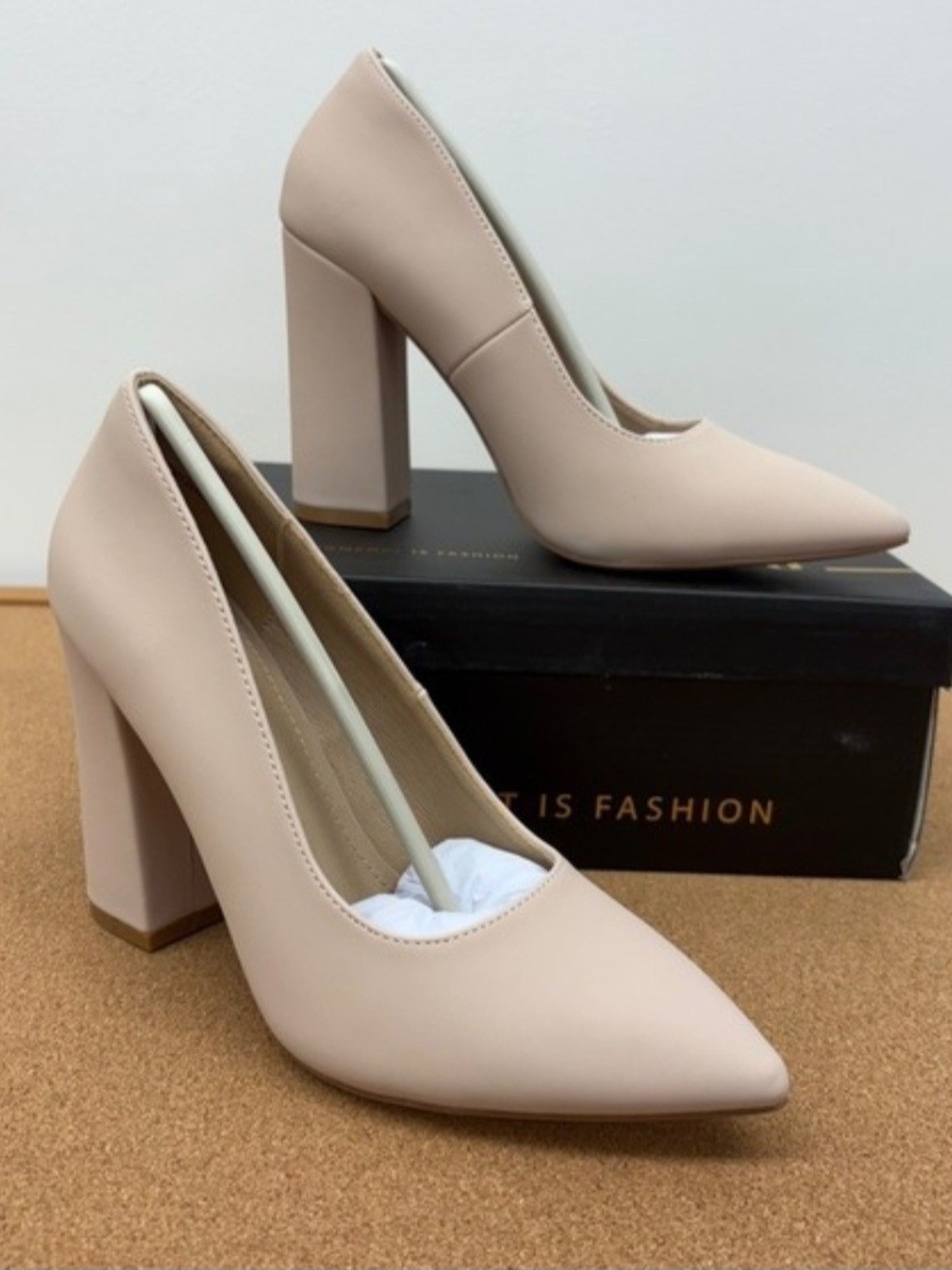 IDIFU Women's Pointed Block Heel Pumps in Light Cream